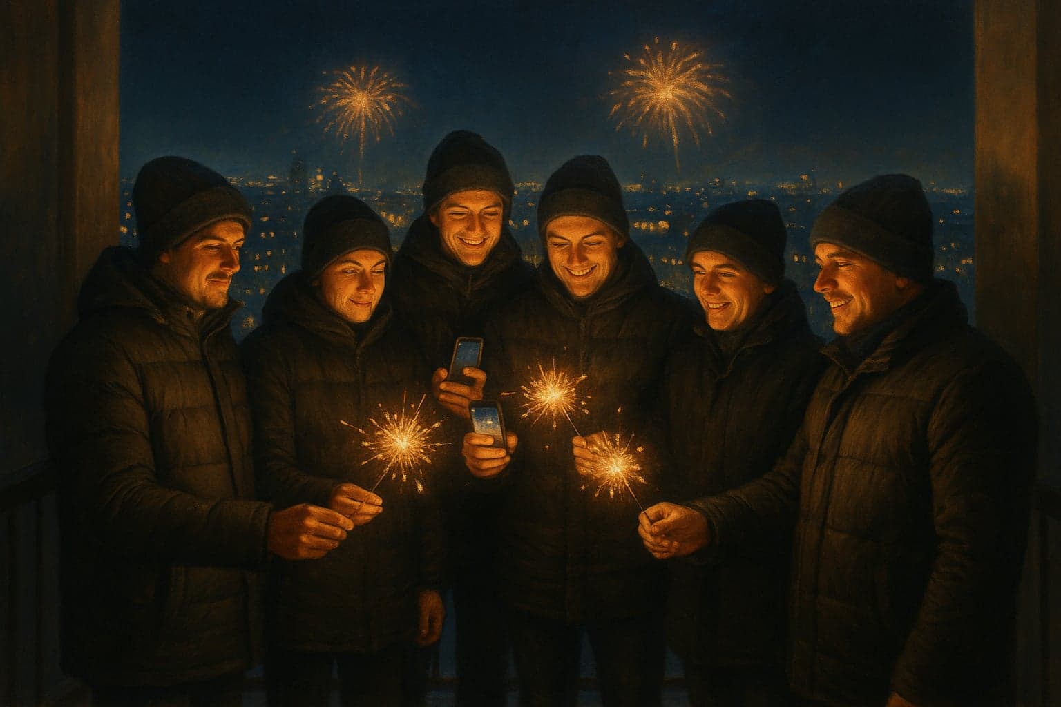 The same photograph painted as Rooftop at Midnight