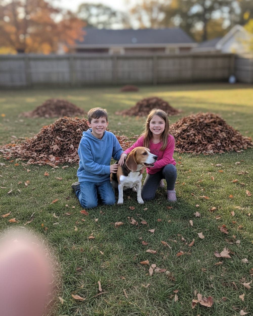 Two kids, one uncooperative beagle — the photograph as it was sent in
