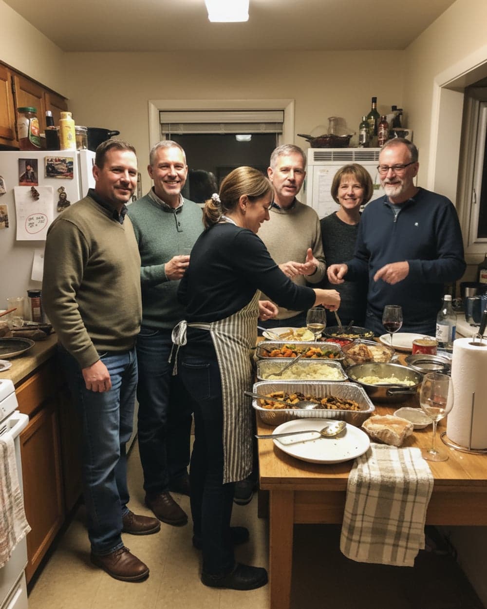Six adults, one small kitchen — the photograph as it was sent in