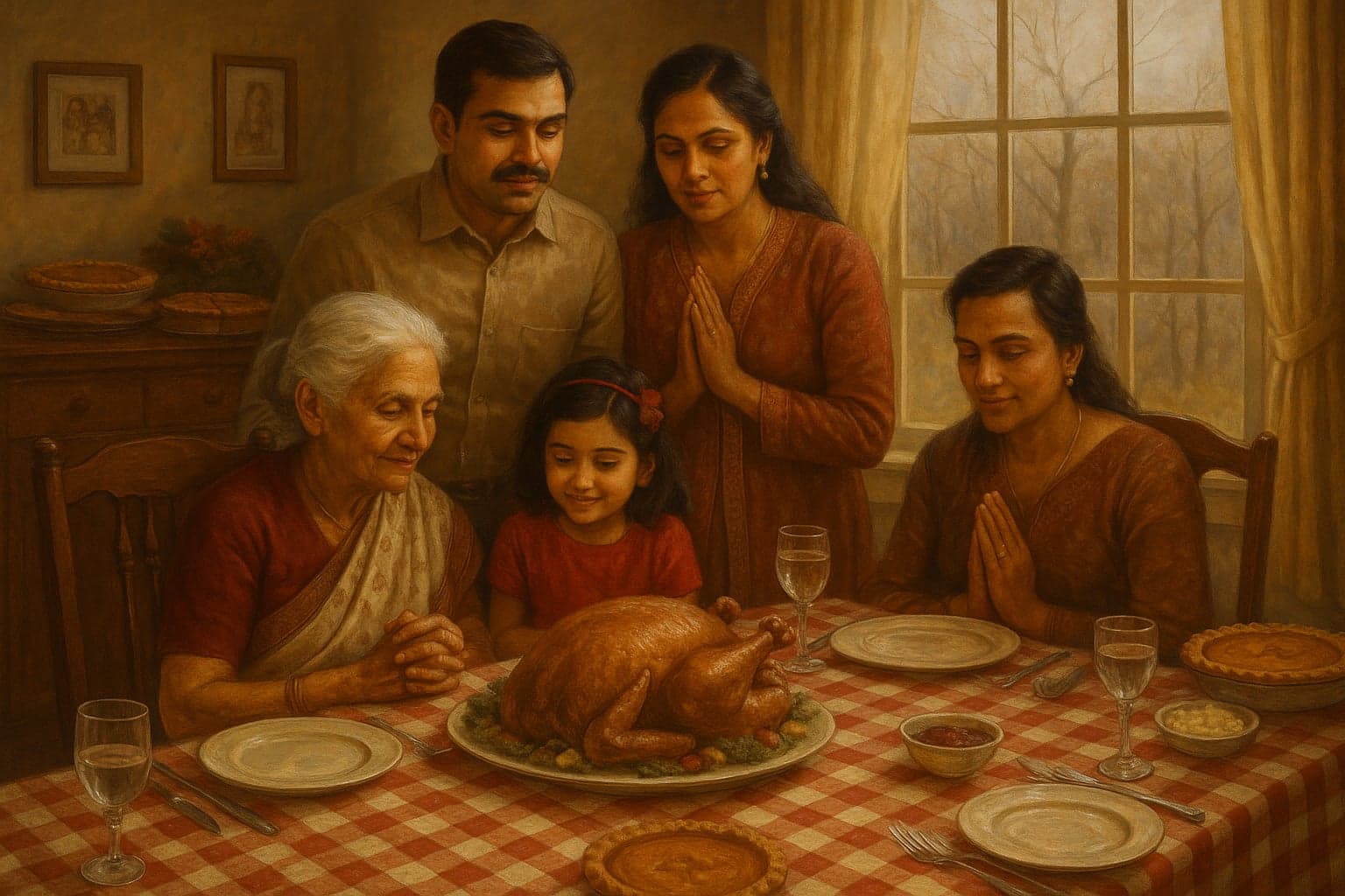 The same photograph painted as Saying Grace