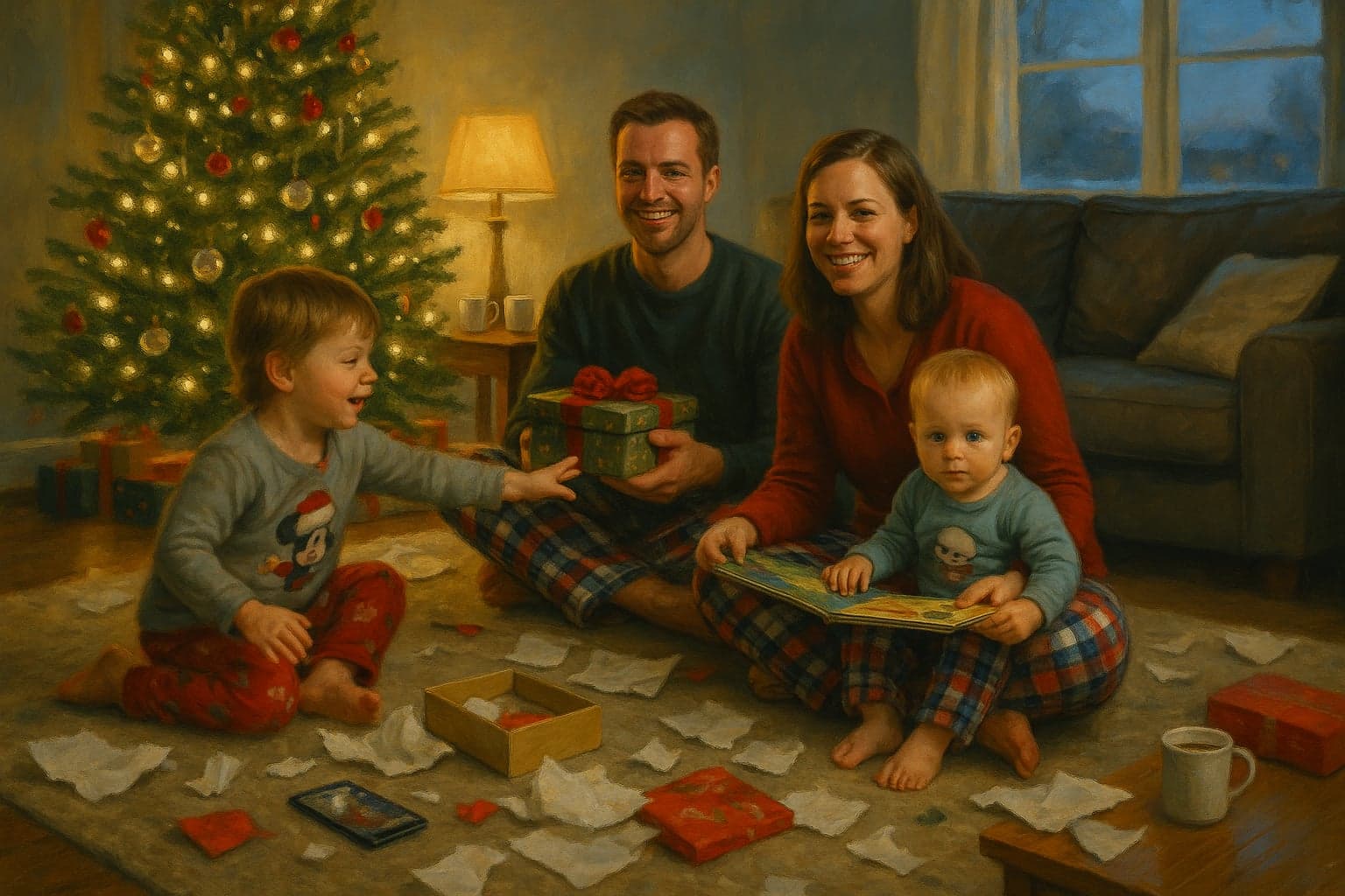 The same photograph painted as Christmas Morning Realism