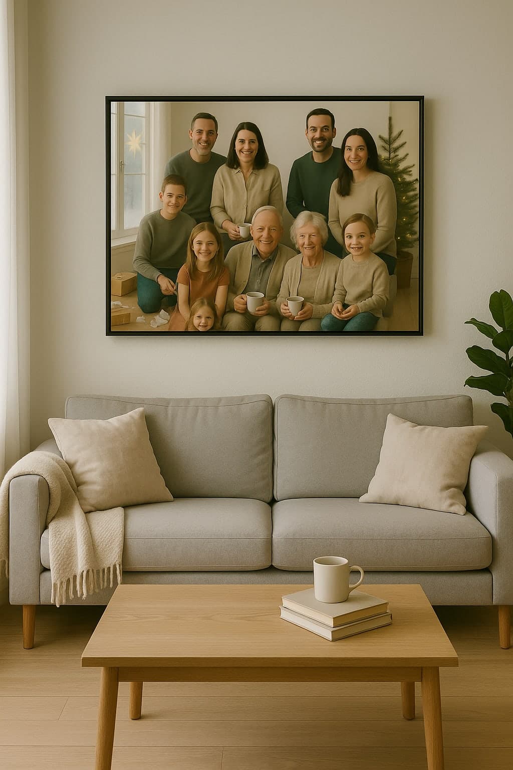 A painted family Christmas portrait on a float-framed canvas hanging above a sofa in a living room
