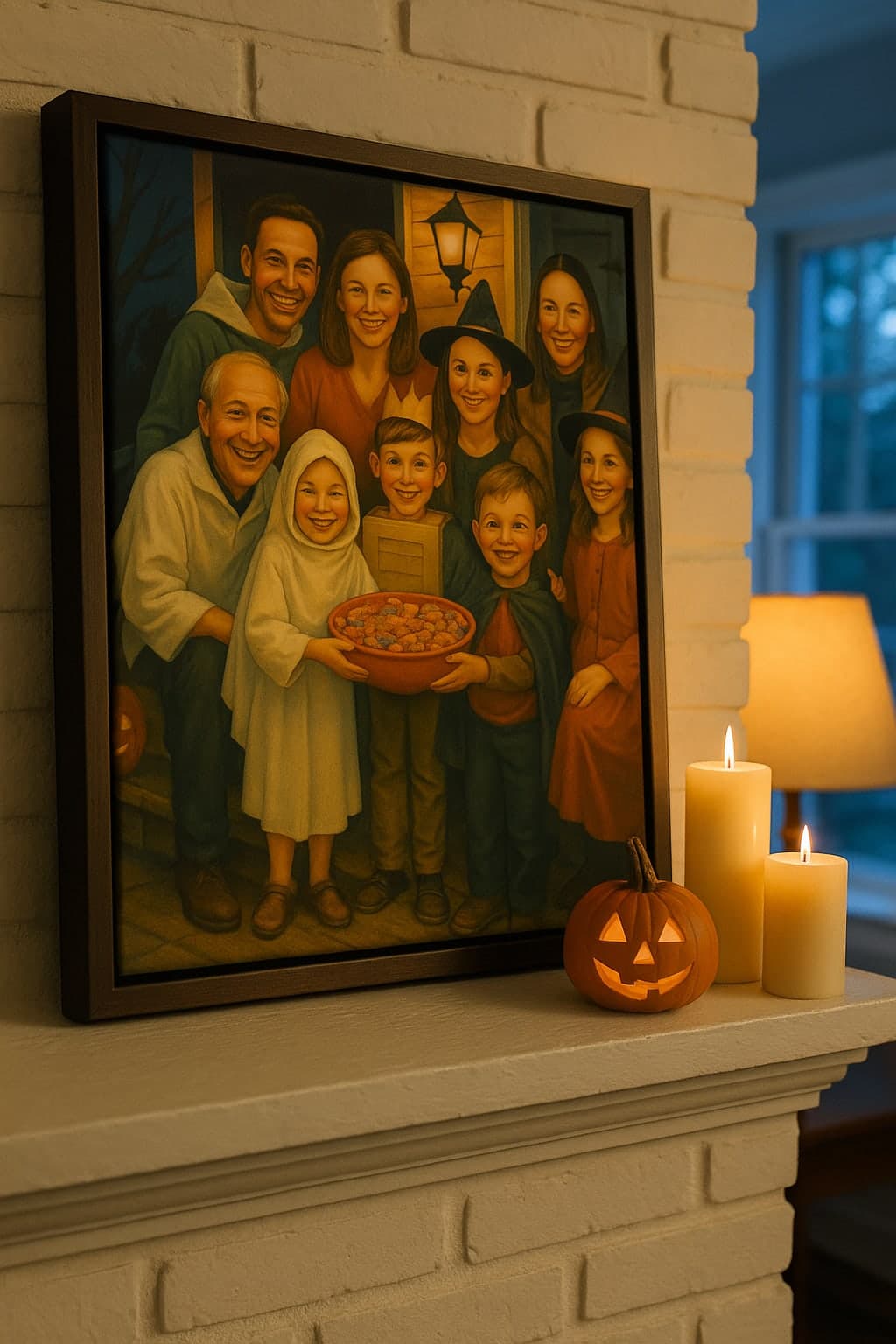 A painted family Halloween portrait on a stretched canvas leaning on a brick mantel beside lit candles