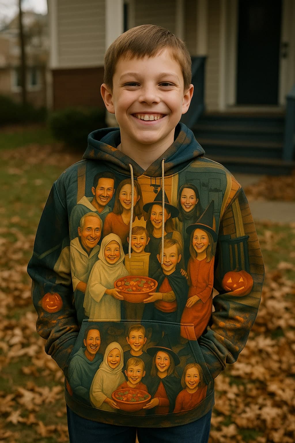 A boy on a lawn in October wearing a hoodie printed all over with a painted family Halloween portrait