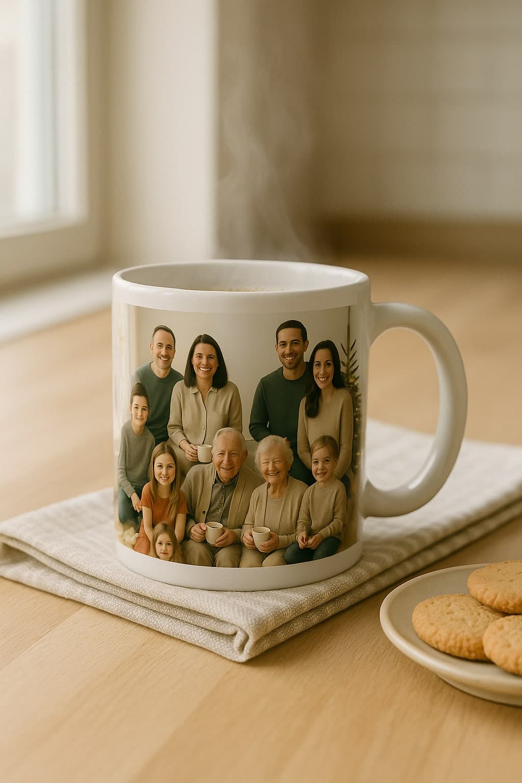 A ceramic mug printed with a painted family Christmas portrait steaming on a wooden kitchen counter