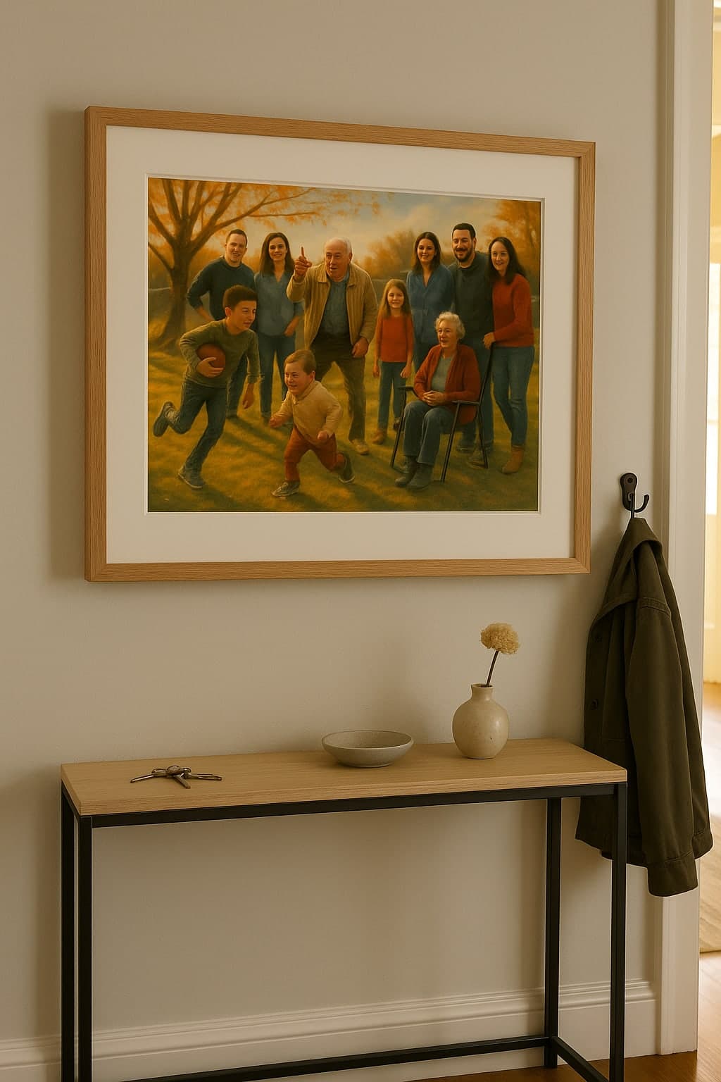 A painted family Thanksgiving portrait as a matted giclee print framed in oak above a hallway console table