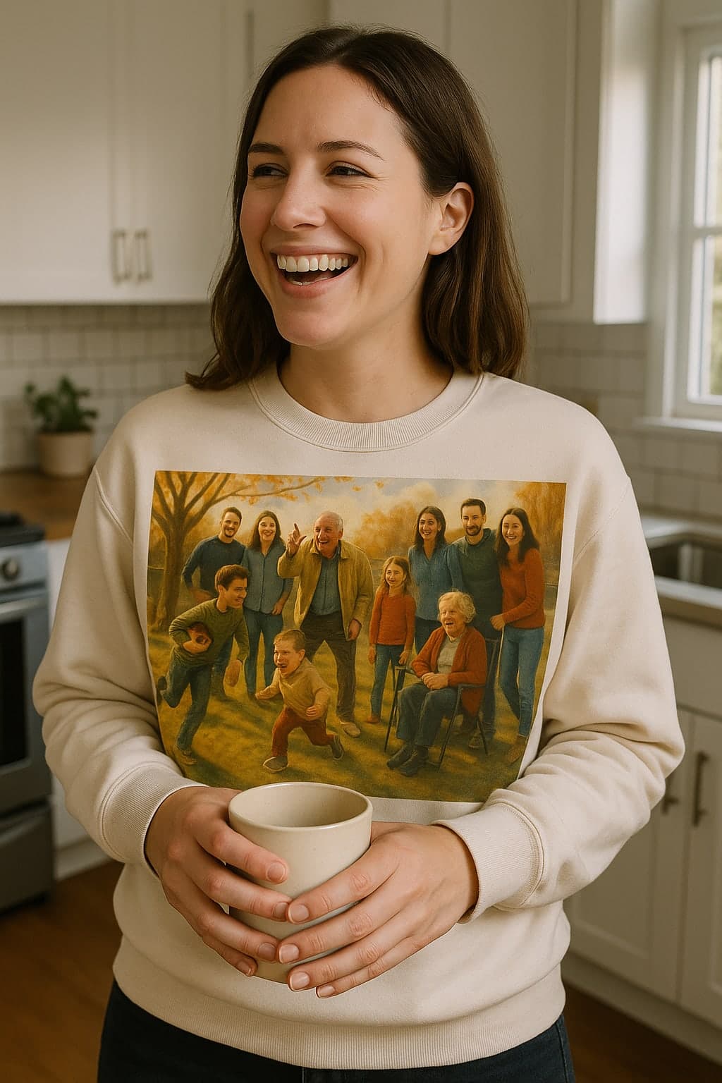 A woman in a kitchen wearing a crewneck sweatshirt with a painted family Thanksgiving portrait printed across the chest