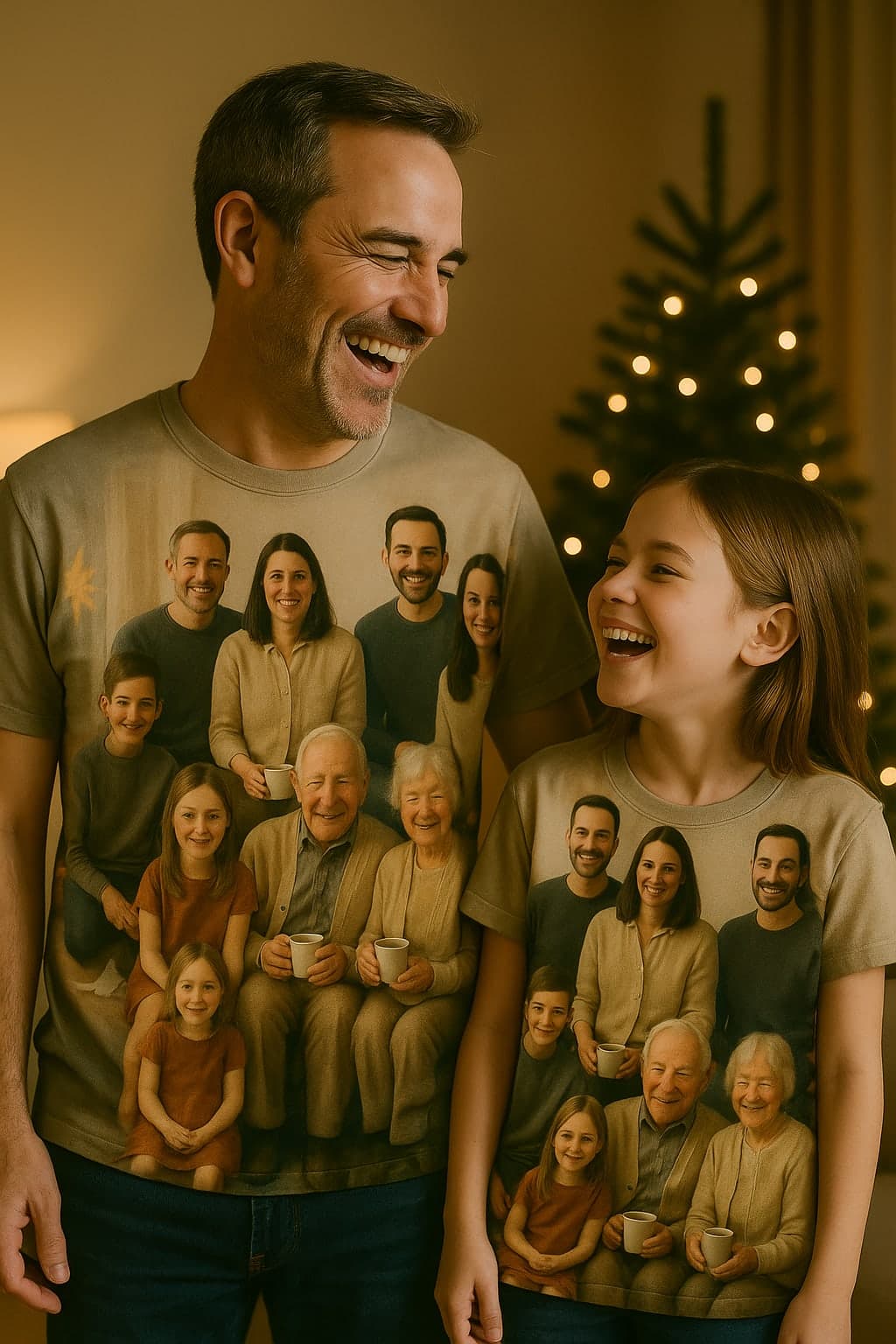 A father and his young daughter wearing matching all-over-print t-shirts carrying a painted family Christmas portrait