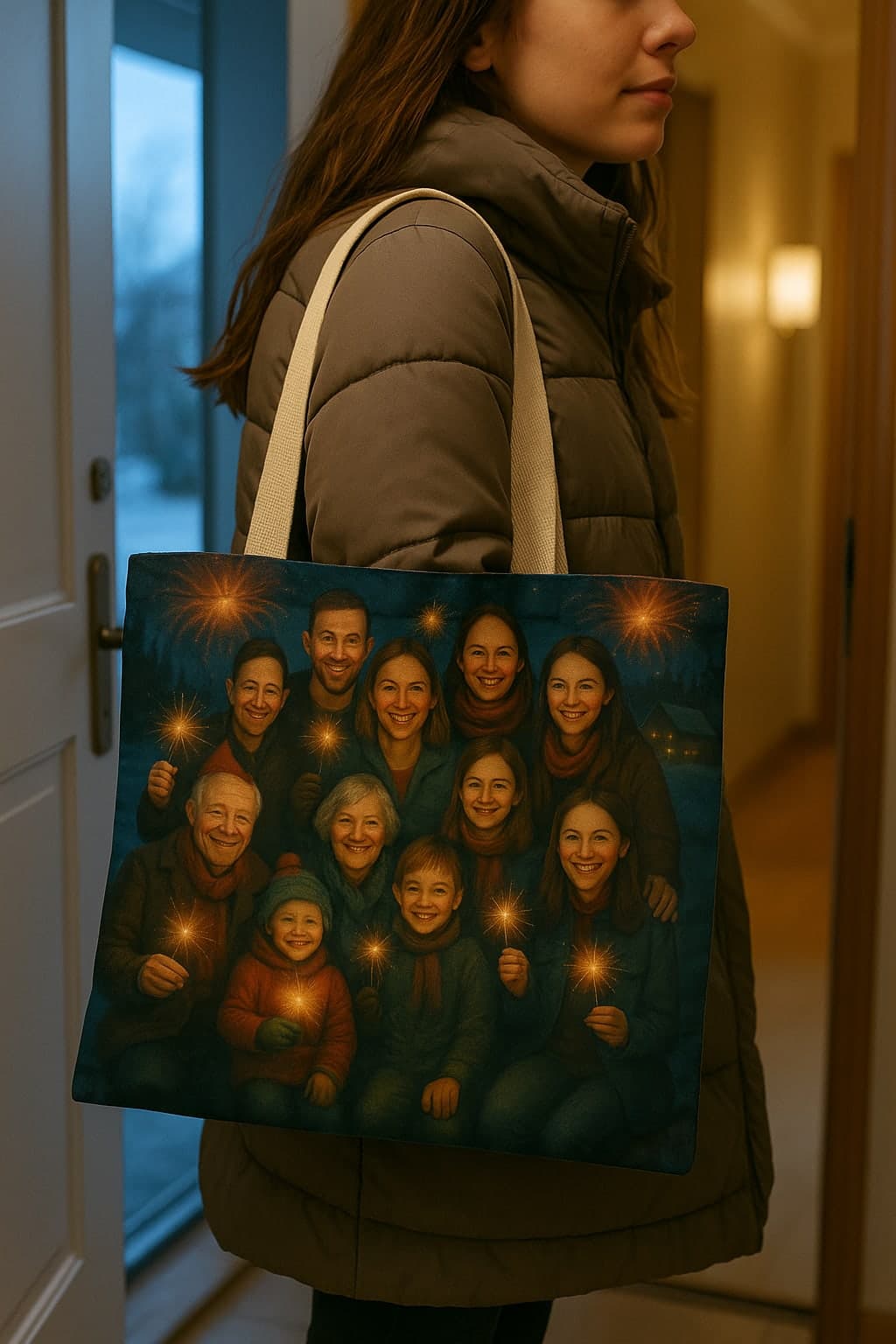A woman in a winter coat carrying a cotton tote bag printed with a painted family New Year portrait