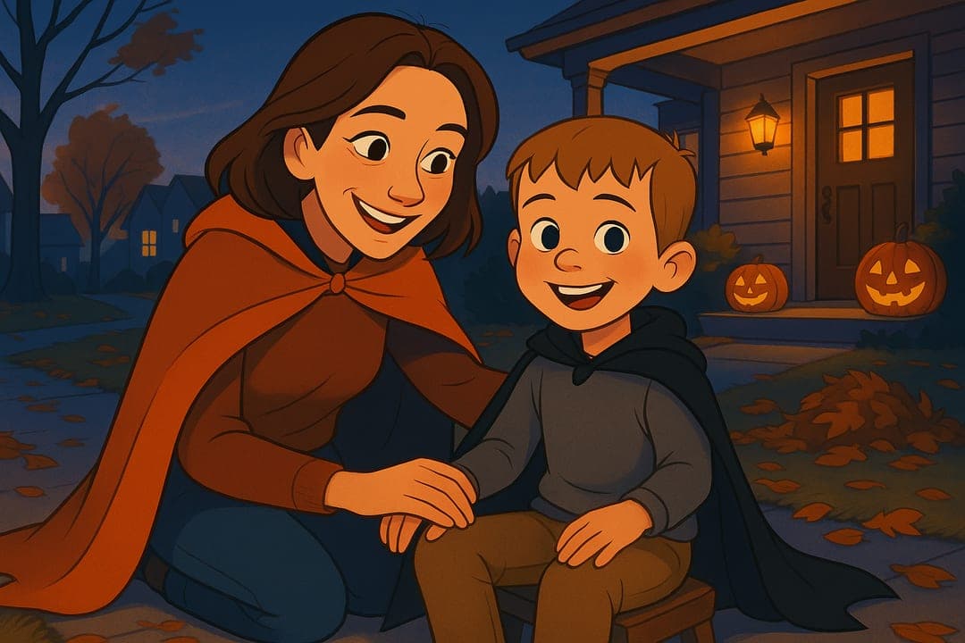 Feature-Animation Still — A frame from a modern animated feature — clean line, lit volumes, autumn palette.