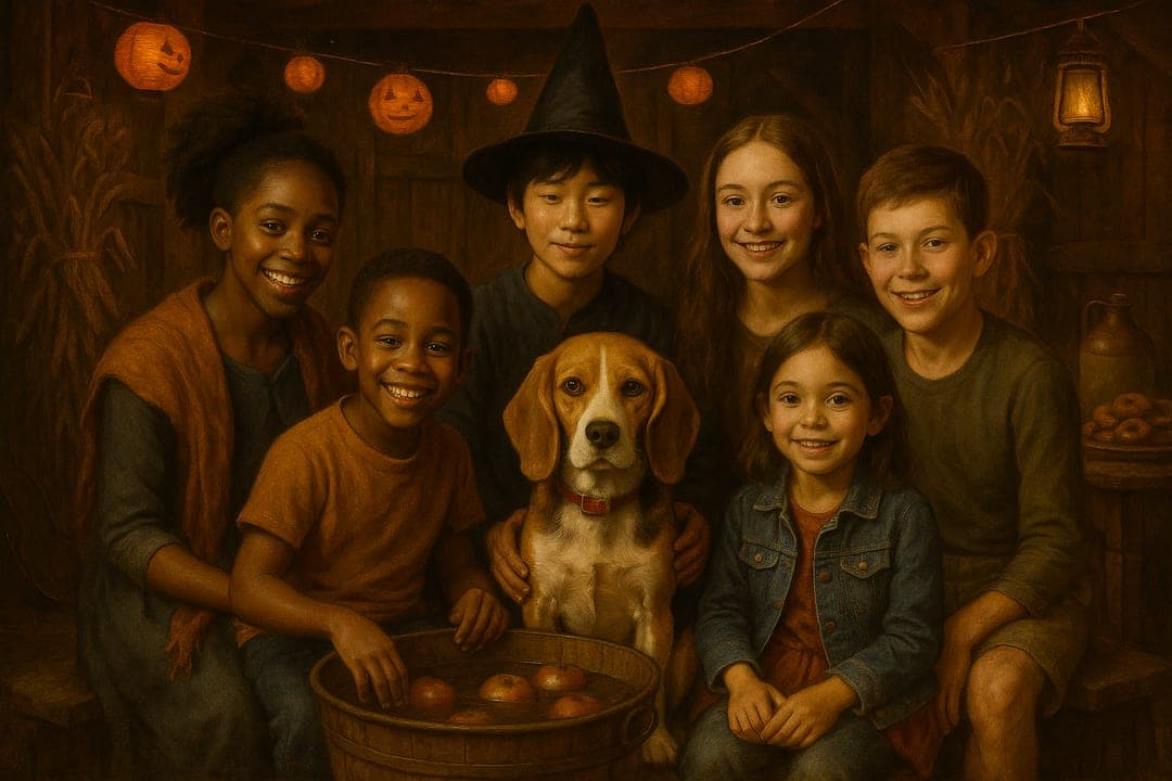 Harvest-Party Genre Scene — A nineteenth-century genre painting — the barn party, the apple tub, lantern light on every face.