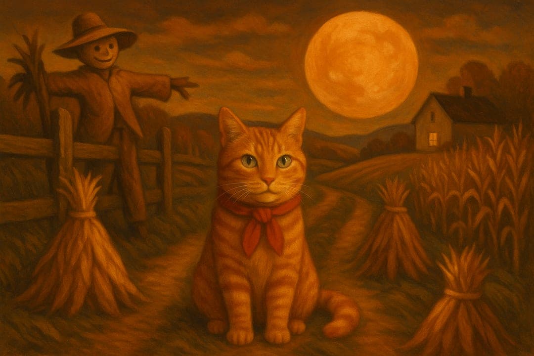 Harvest-Moon Cornfield — Regionalist oil — a full harvest moon over corn shocks, a scarecrow, the subject in the lane.