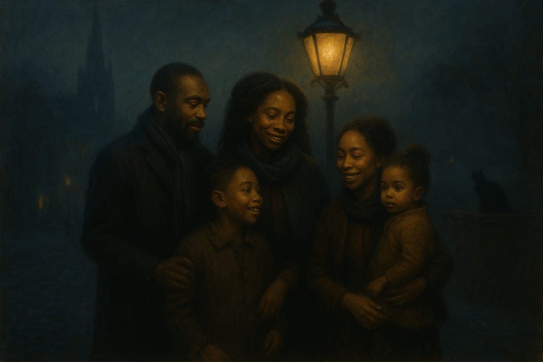 Gaslamp Fog Nocturne — A Whistler-style nocturne — fog, one gaslamp, the subject a warm figure in a blue-grey night.