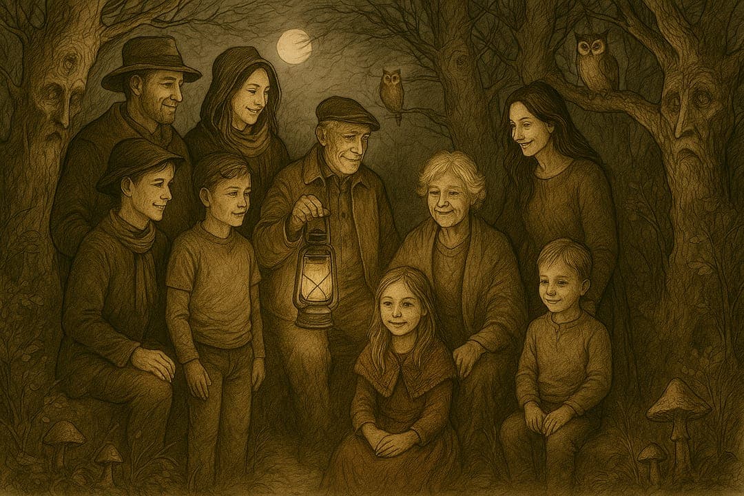 Hollow-Tree Storybook — A Rackham-style storybook plate — gnarled trees with faces, owls, the subject brave in the lantern glow.