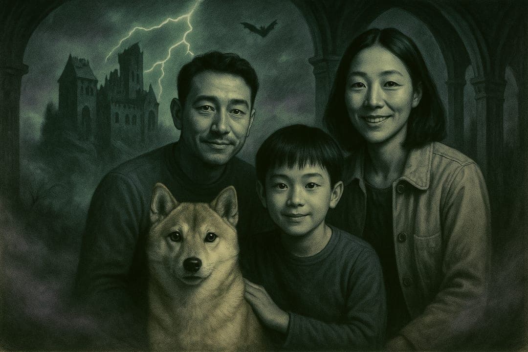 1930s Monster-Movie Lobby Card — Hand-tinted studio horror poster — fog, castle, lightning, one dramatic face.