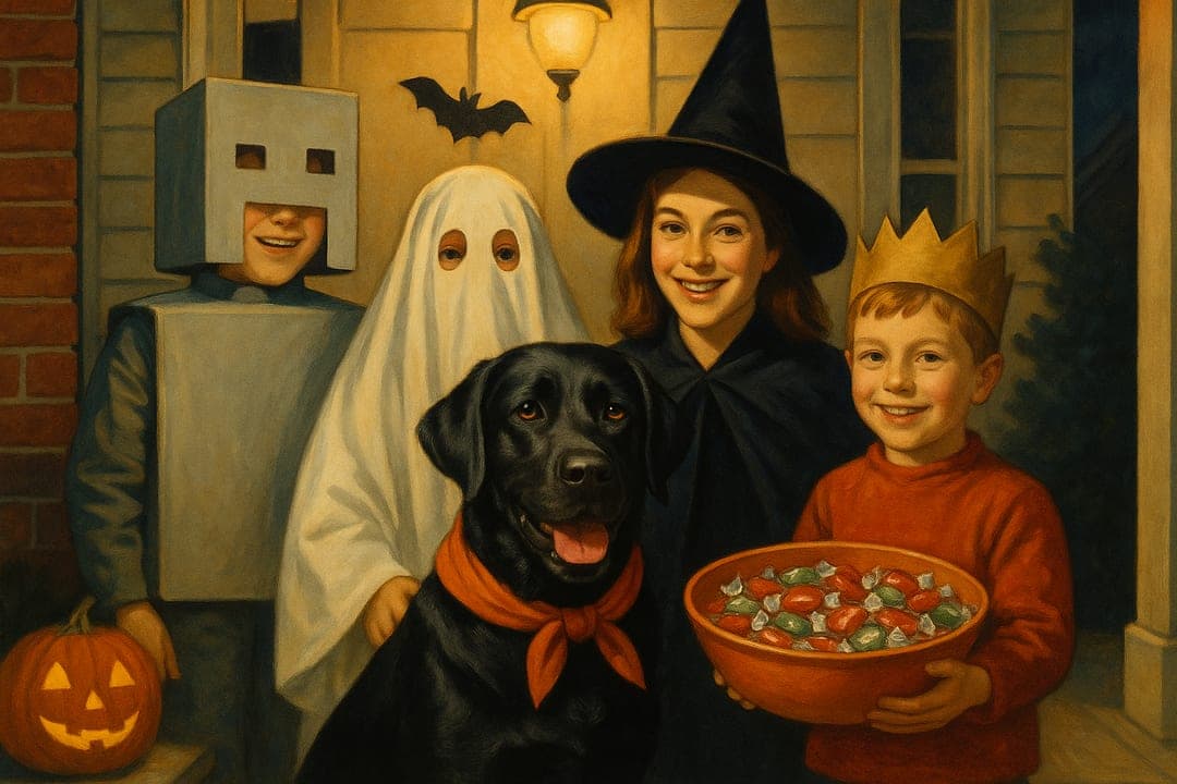 Porch-Light Family Portrait — A 1950s magazine cover on Halloween night — costumes, the porch lamp, the bowl held out.