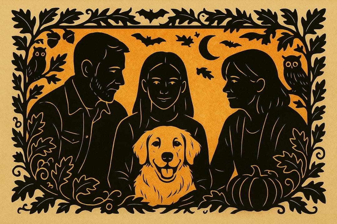 Scherenschnitte Silhouette — German-American paper-cutting — one sheet of black paper, cut into the subject and a Halloween border.