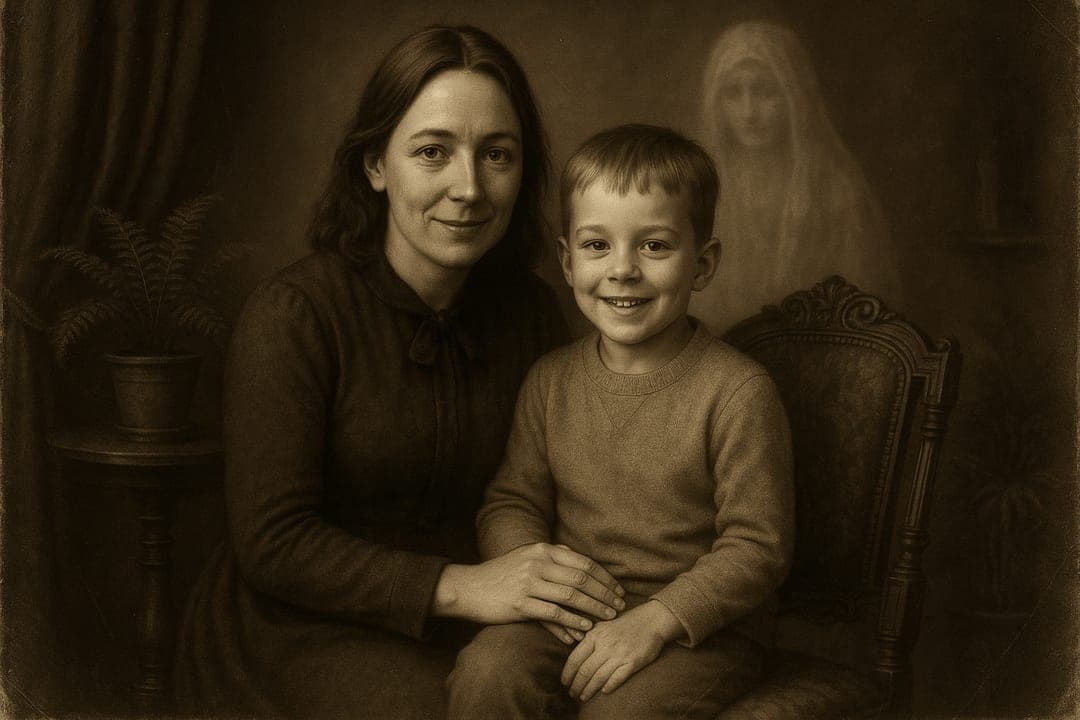 Victorian Spirit Photograph — A sepia cabinet card with a faint translucent visitor in the background.