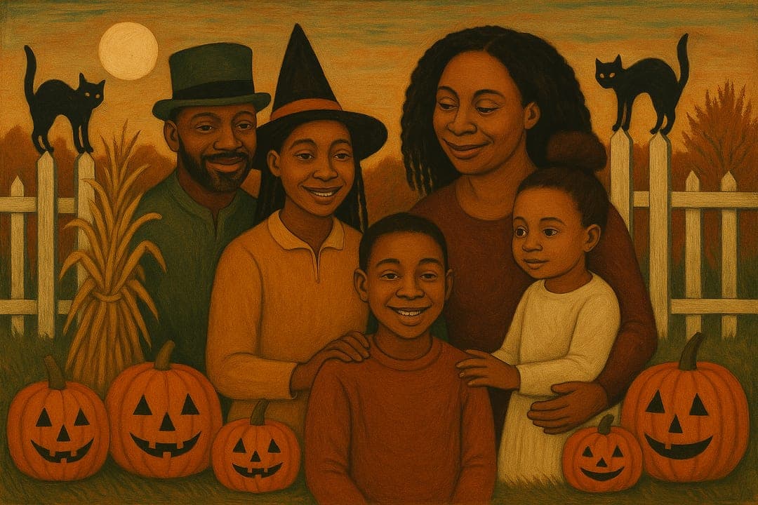 Black-Cat Folk Art — Naive New England folk painting — arched cats, a fat moon, a crooked fence.