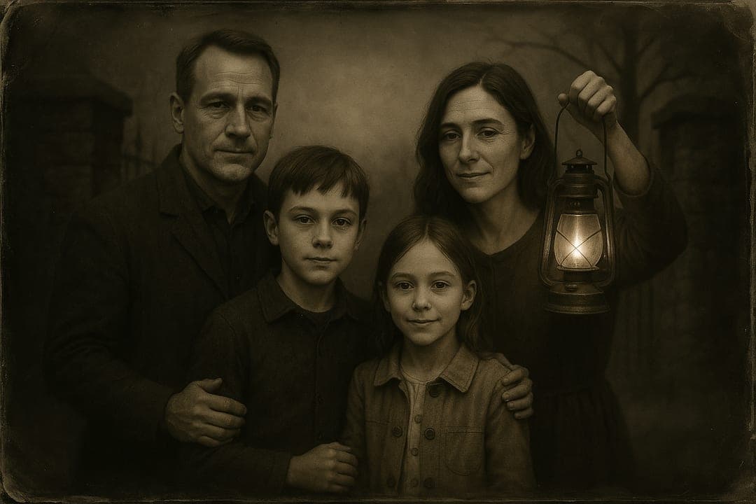 Ghost-Story Tintype — A wet-plate tintype at dusk — silver and sepia, a lantern, a grave sense of occasion, not fear.