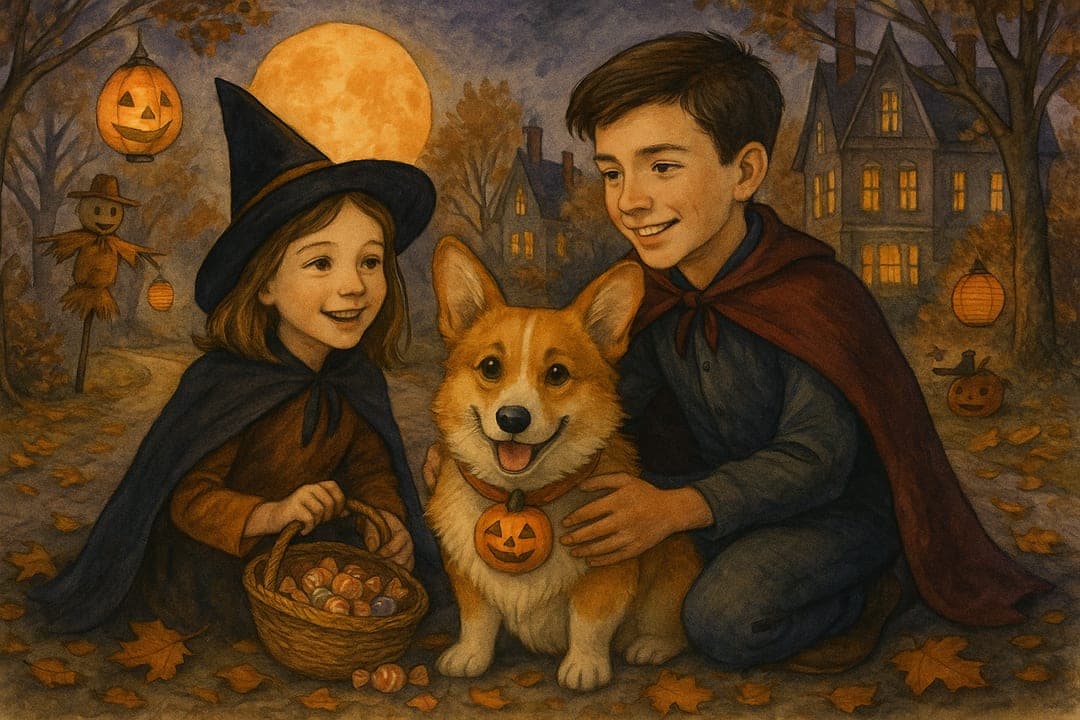 Trick-or-Treat Illustration — Golden-age children's-book illustration — lanterns, leaves, a bag of sweets.
