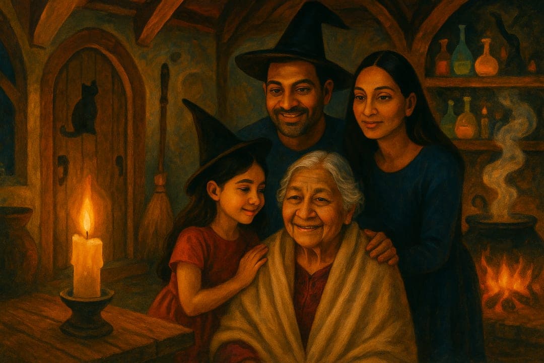 Witch's Cottage Gouache — A snug, moss-roofed cottage of potions and candles — cosy, not creepy.