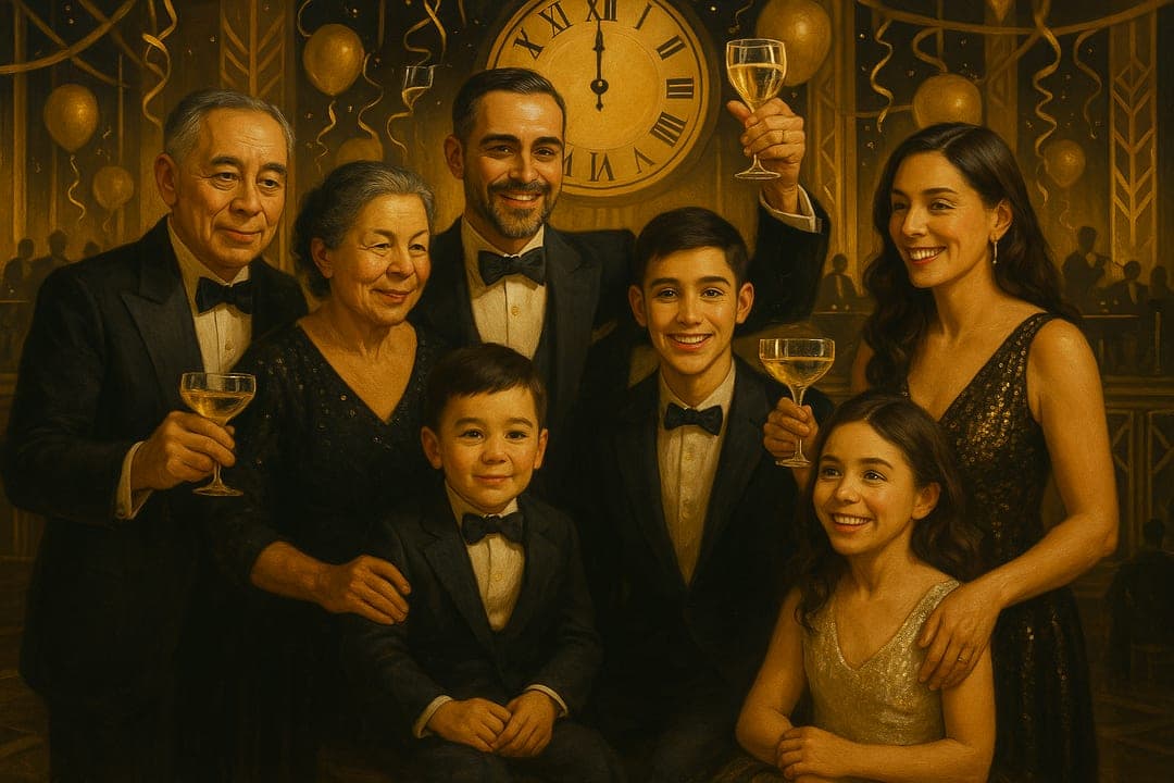 Grand-Hotel Ballroom — A 1920s hotel ballroom at midnight — balloons falling, a big band, black tie and sequins.