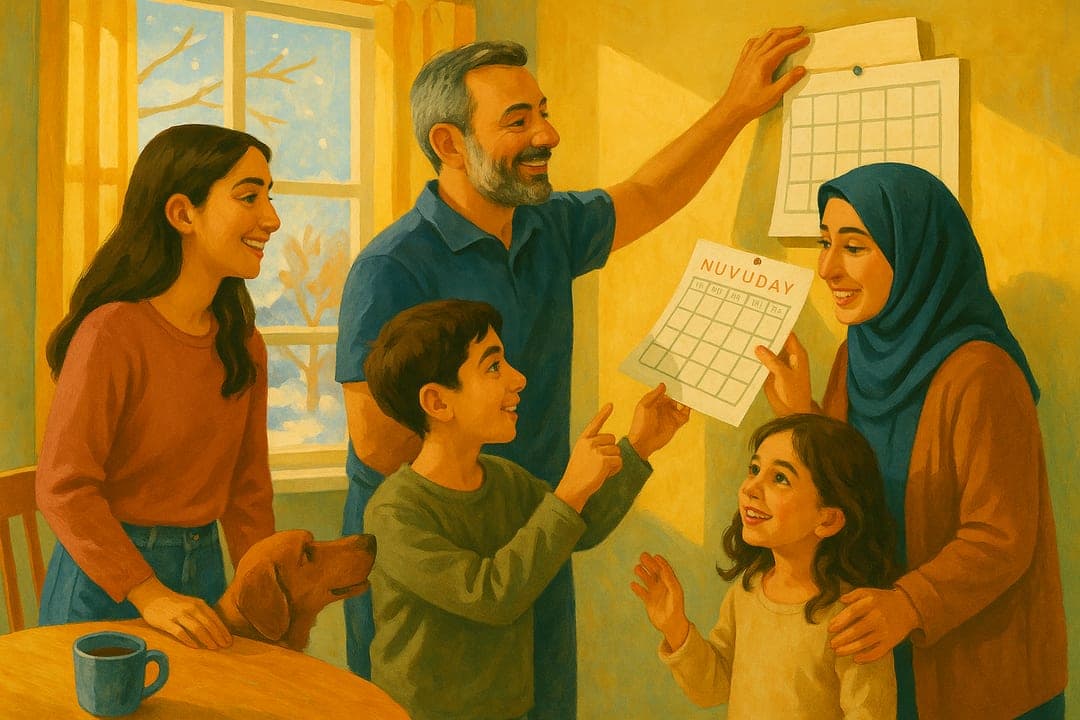 Turning the Calendar — The old calendar coming down, the new one going up — a warm domestic mid-century illustration.