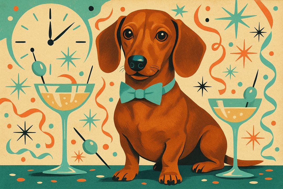 Mid-Century Cocktail Illustration — Fifties gouache advertising — coupe glasses, starbursts, tuxedo black.