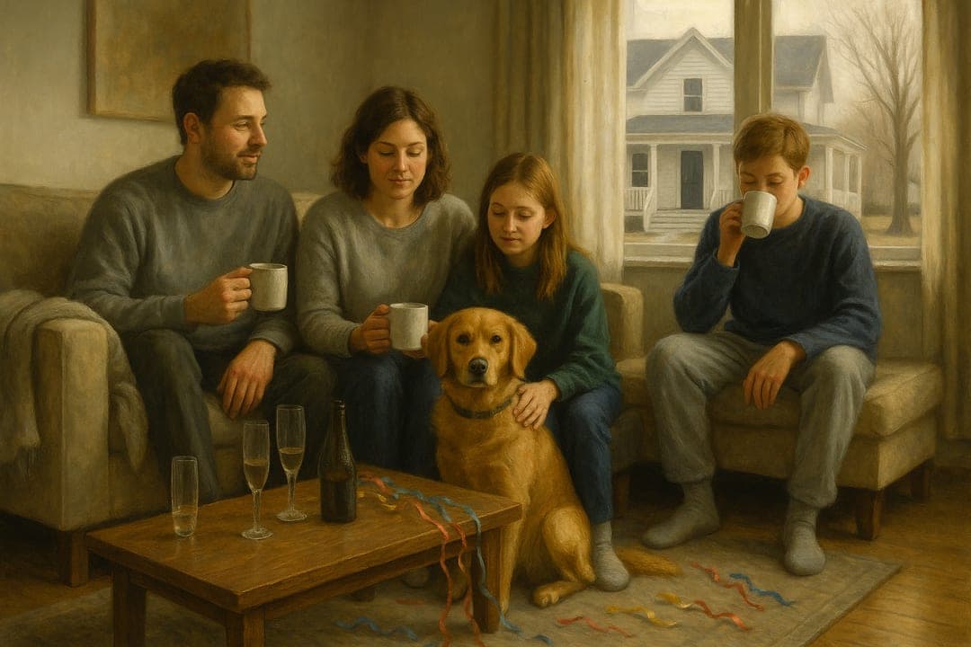 First Morning Realism — January first, late light, the room still full — modern interior realism.
