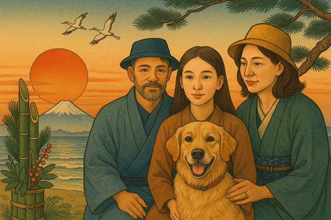 First Sunrise — The Japanese hatsuhinode — a red sun over the sea, cranes, a woodblock dawn.