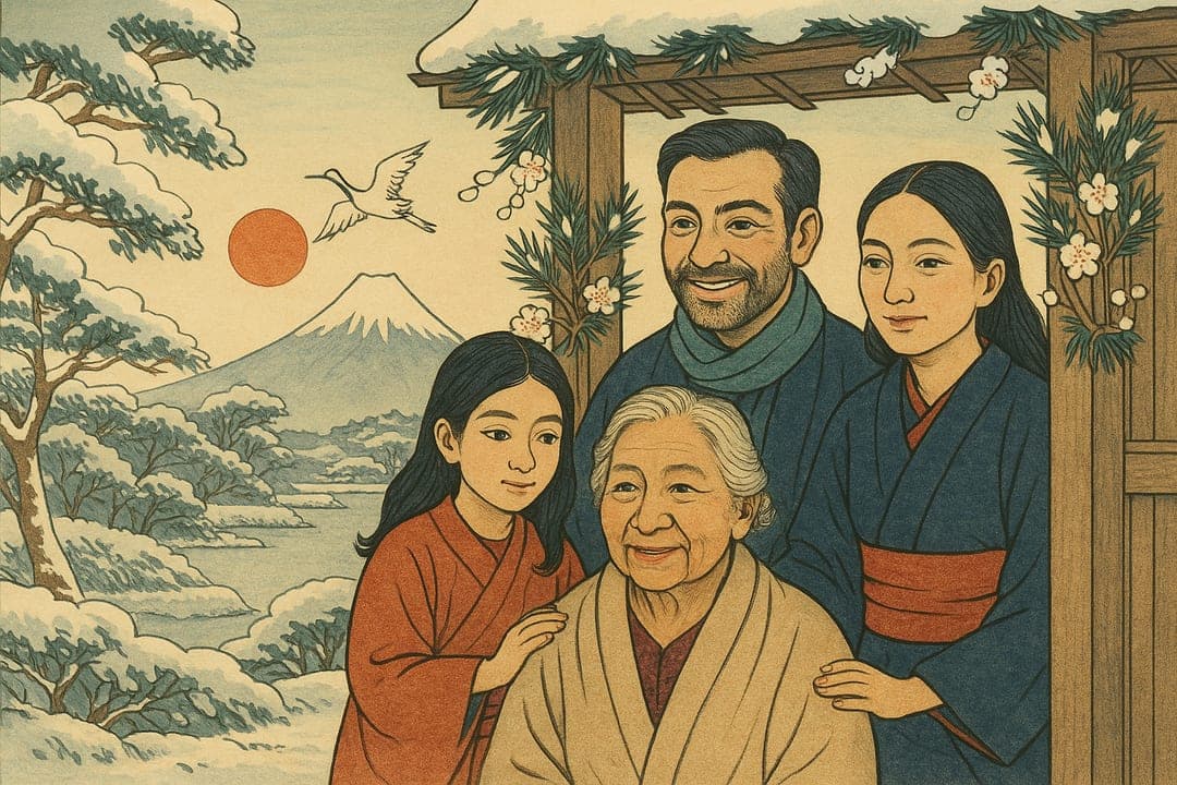 First-Snow Woodblock — A Hiroshige-style ukiyo-e print — New Year's morning, first snow, pine and plum at the gate.