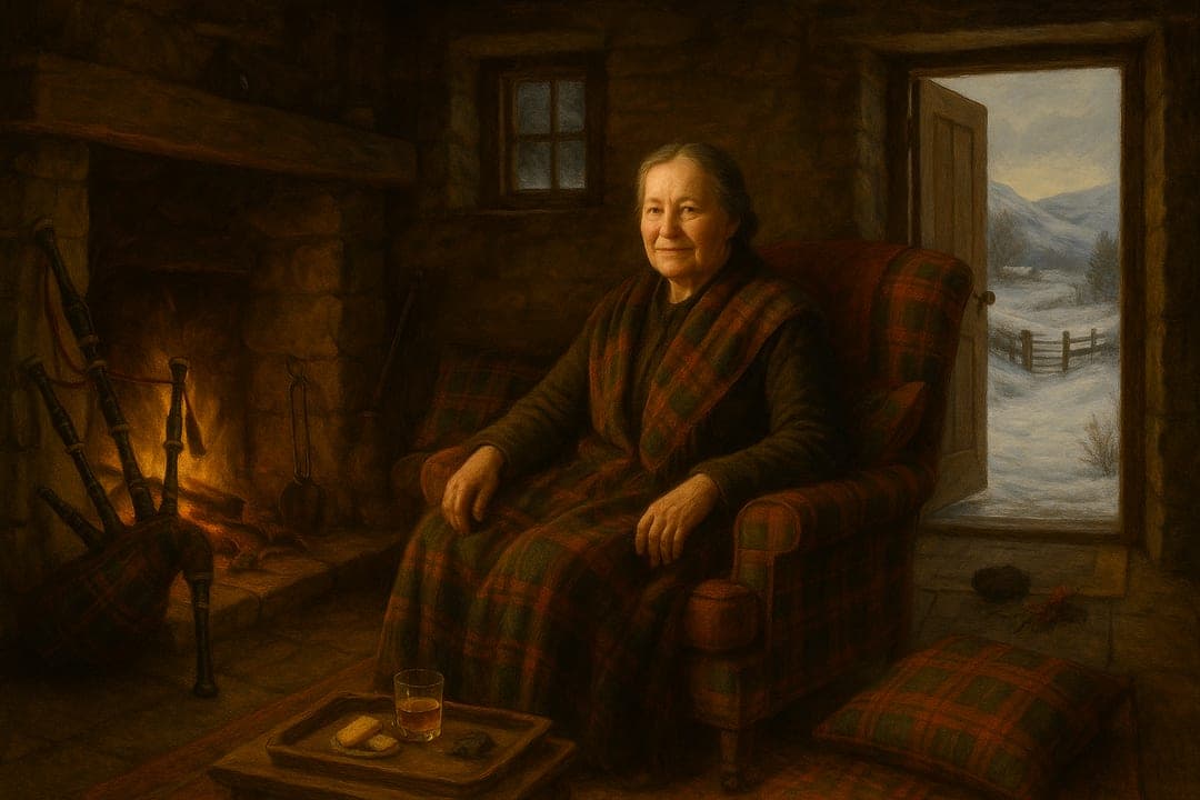 Hogmanay Hearth — A Scottish New Year — tartan, a peat fire, a dram, a lump of coal on the step.