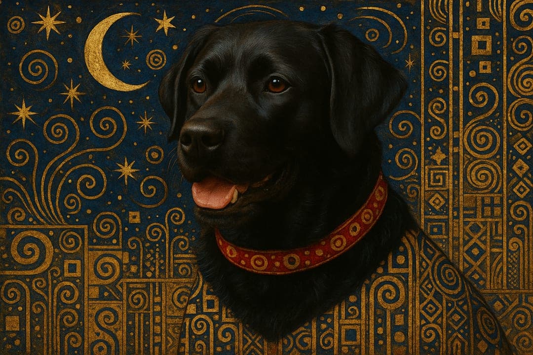 Klimt Midnight Gold — Gold-leaf mosaic against a deep-blue midnight — spirals, stars, a kiss of champagne.