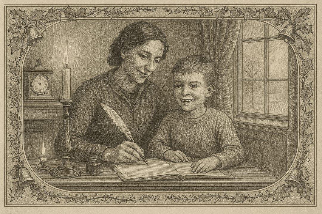 Resolutions Ledger — A Victorian engraved ledger page — the subject at a writing desk, quill up, a blank list of resolutions.