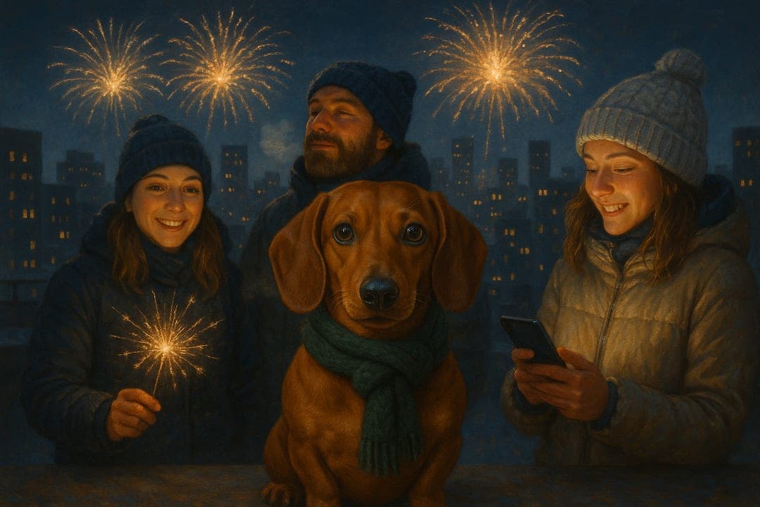 Rooftop at Midnight — A city rooftop as it goes off — modern realism, cold air, warm coats.