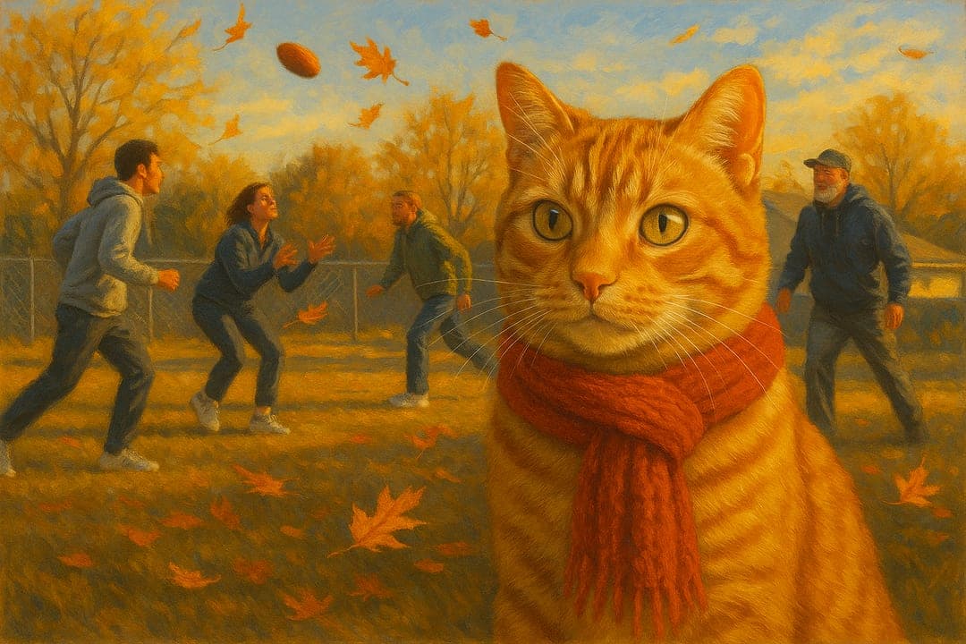 Backyard Golden Hour — The football game on the lawn at four o'clock, painted in late modern light.