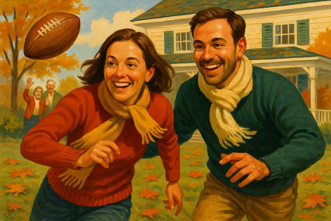 Backyard Football — The Thanksgiving game on the lawn — sweaters, a leather ball, a mid-century sporting-cover style.