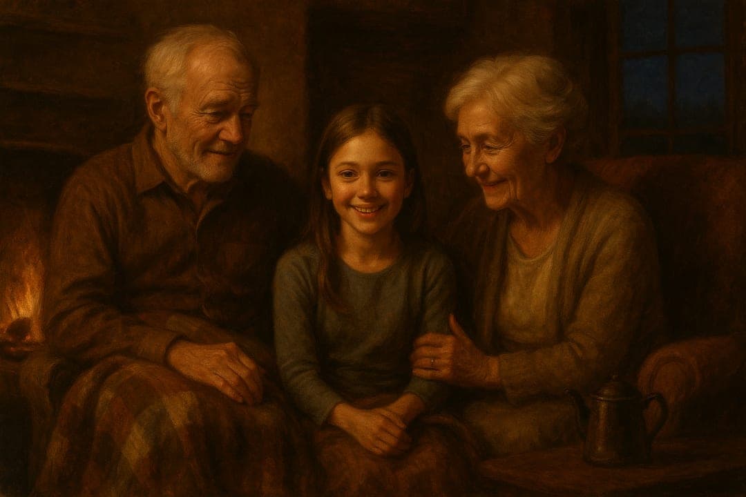 Hearthside After Dinner — The fire lit, plates cleared, everyone sunk into chairs — a tonalist oil in amber and brown.