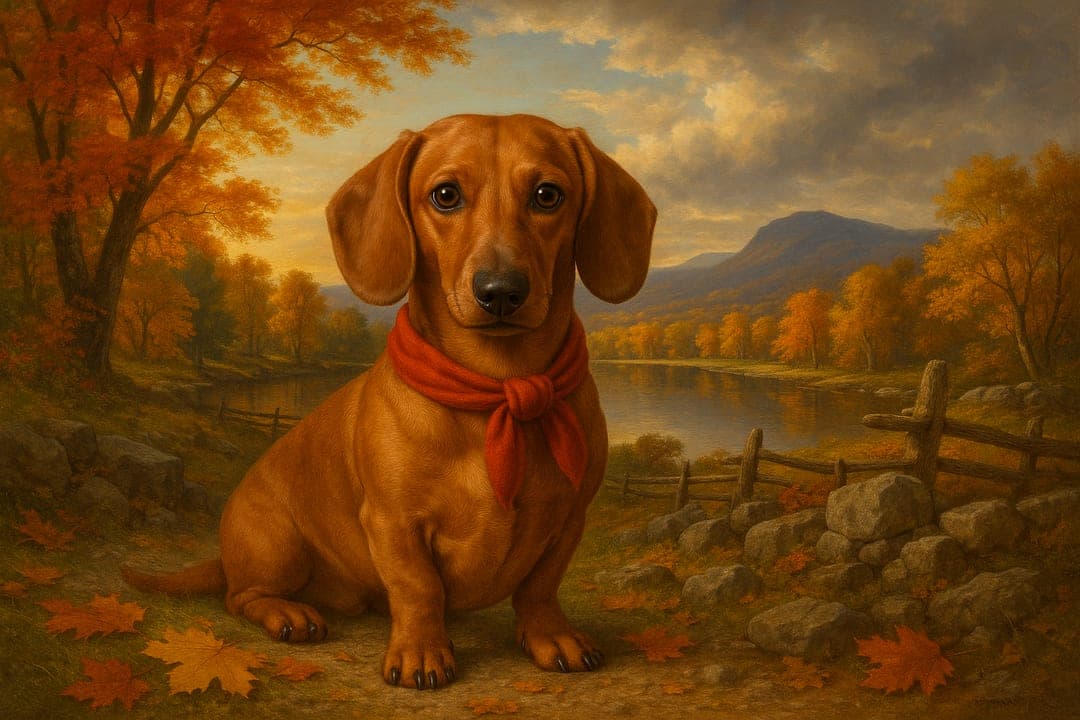 Hudson River Autumn — Luminous landscape oil — blazing maples, a still lake, cathedral light.