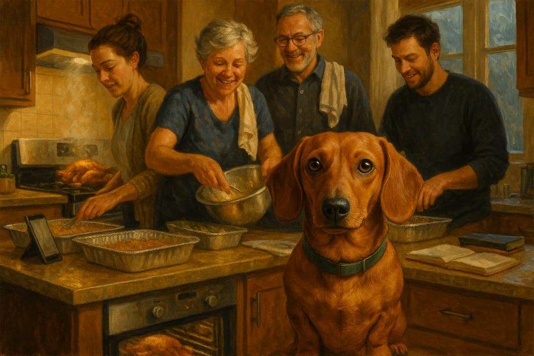 Kitchen Documentary — The hour before dinner, painted straight — steam, counter clutter, everyone in the way.