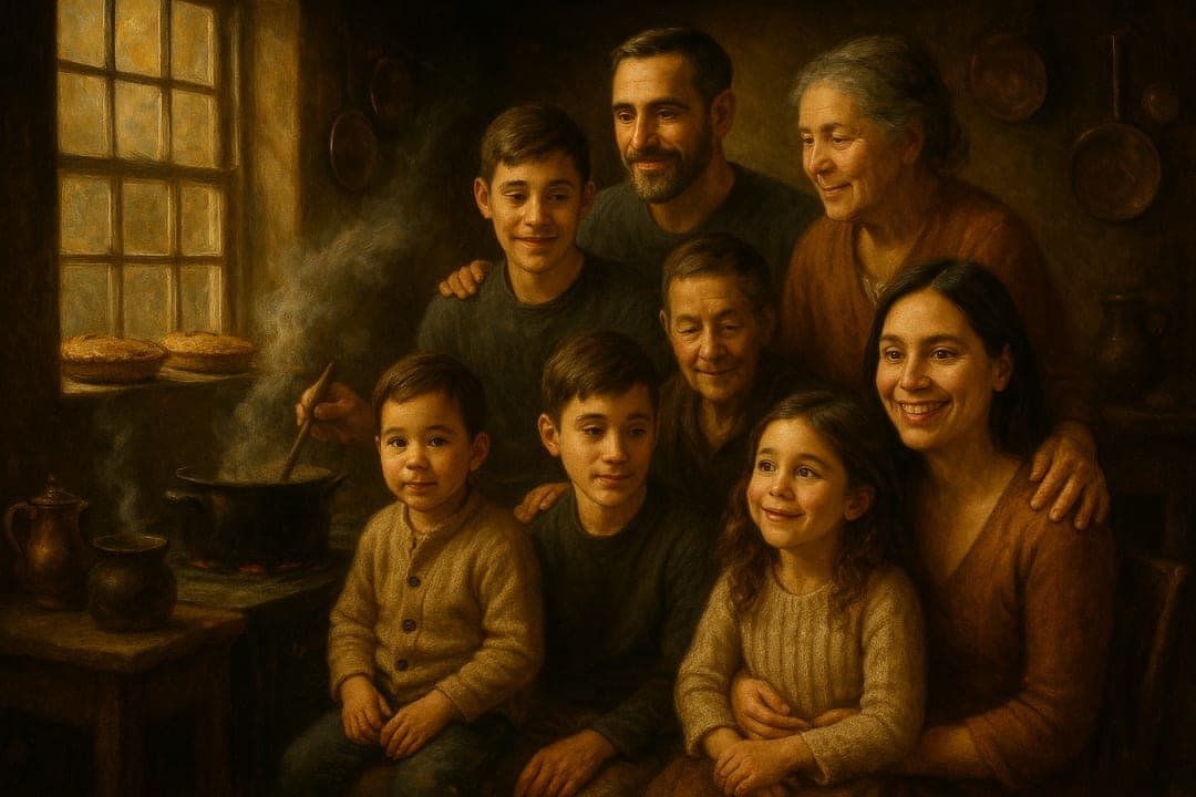 Kitchen-Steam Interior — A Dutch-lit kitchen — pots steaming, a window, the family crowding in to help and taste.