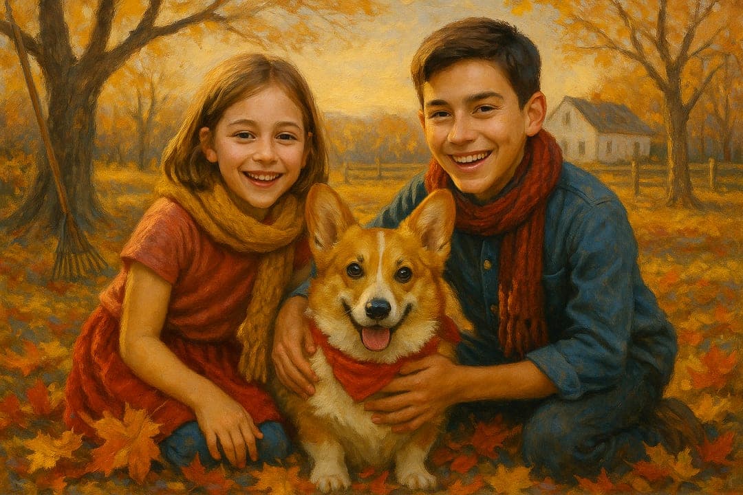 Leaf-Pile Afternoon — Golden light, a raked pile of maple leaves, the subject mid-laugh — painted in loose American oil.