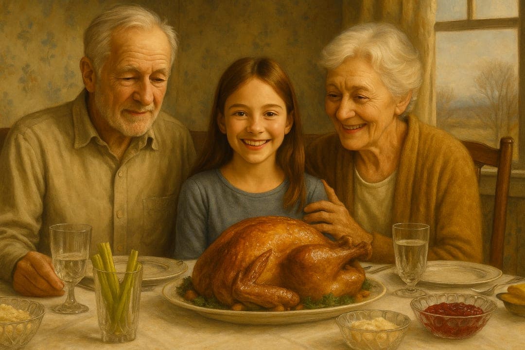 Magazine-Cover Americana — The 1940s Saturday Evening Post cover tradition — a table, a turkey, a story.