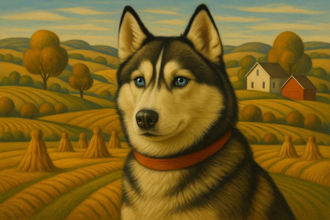 Regionalist Harvest Mural — Grant Wood rolling fields — rounded haystacks, patterned rows, clean light.