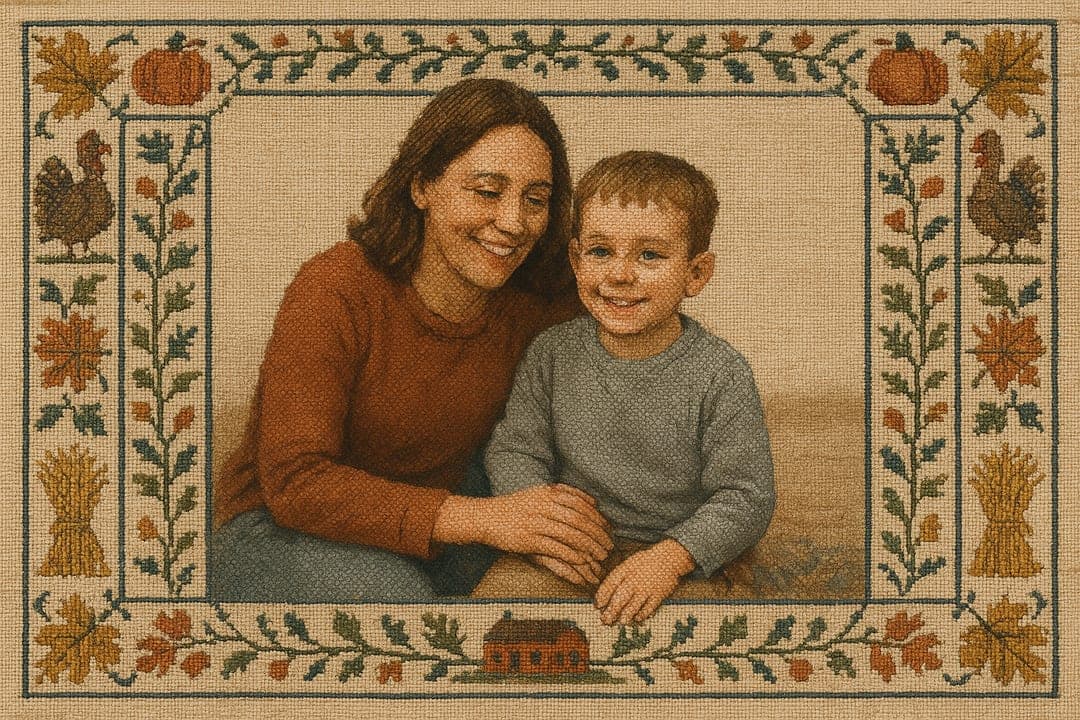 Needlework Sampler — A cross-stitch sampler — the subject in tiny stitches, a border of turkeys, pumpkins and wheat.