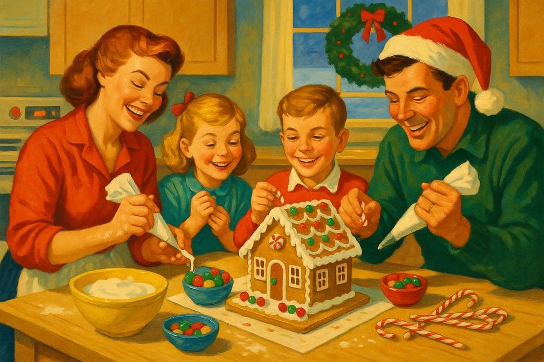 Gingerbread-Kitchen Cover — Flour on noses, icing bags, the gingerbread house half-built — a bright mid-century cover.