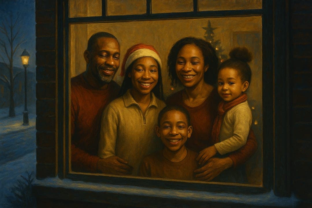 Lit Window at Night — A quiet American-realist night scene — one warm window, the subject inside, snow on the street.