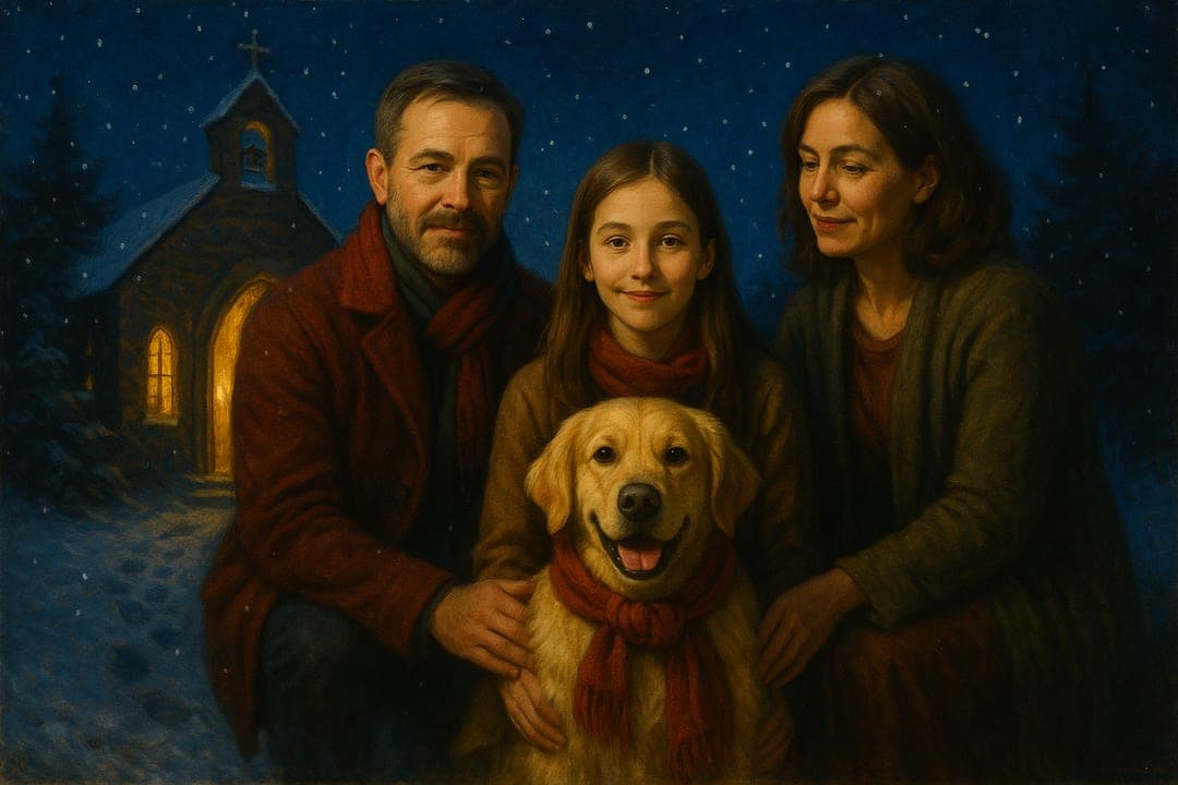 Midnight-Mass Doorway — Snow, candlelight, the church door open — a nocturne in blue and gold.