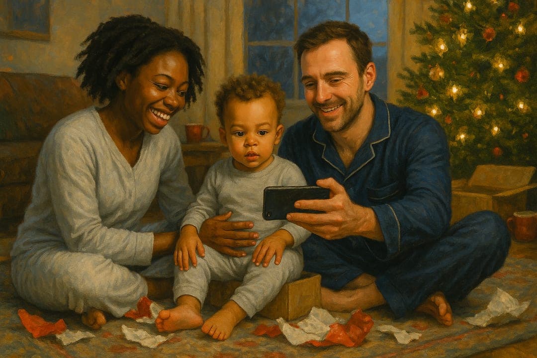 Christmas Morning Realism — Six a.m., pyjamas, paper everywhere — painted exactly as the morning looks now.